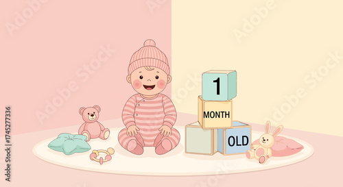 One Month Old Baby Celebrating Milestone With Toys And Blocks