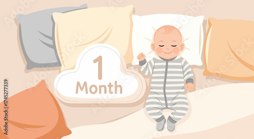 One Month Old Baby Sleeping Peacefully Among Cushions Illustration