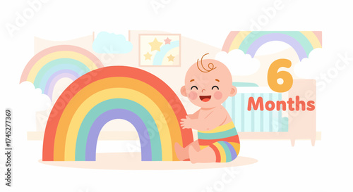Six Months Old Baby Celebrating Milestone With Rainbow Background