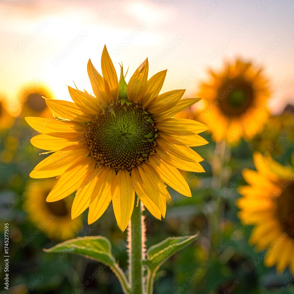 Fototapeta premium Sunset illuminates a sunflower field