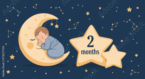 Two Months Old Baby Milestone On Moon And Starry Night Background