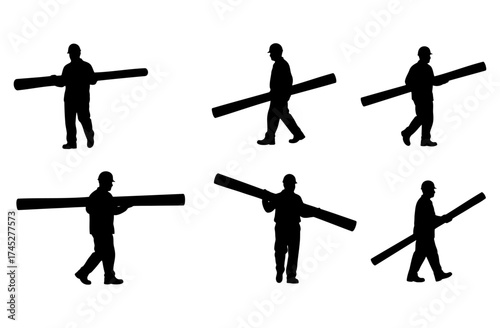 Set of worker silhouettes carrying a long wooden beam