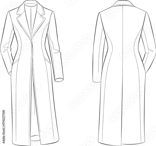 Front and back technical flat sketch of long tailored coat with lapel collar, fitted waist, sleeves, fashion design outline vector