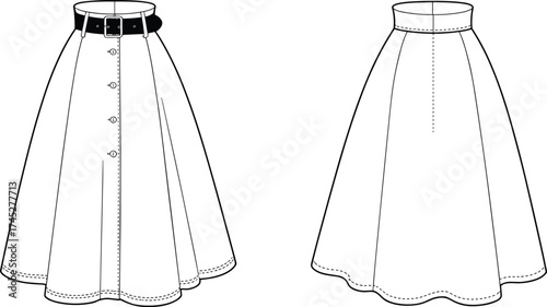 Stylish long flared skirt fashion flat sketch with front button closure and wide belt, technical vector drawing for apparel design illustration