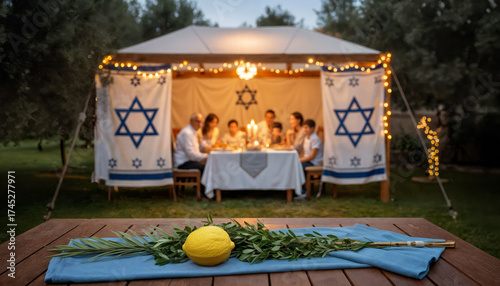 A Jewish family gathers in a decorated sukkah at sunset, sharing a festive meal during the Sukkot holiday, with lulav and etrog displayed.