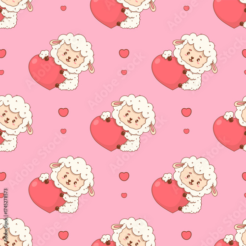 Seamless pattern with Cute Sheep with big heart on pink background. Happy Holiday Valentine Funny kawaii Farm Animal character. Vector illustration. Kids collection