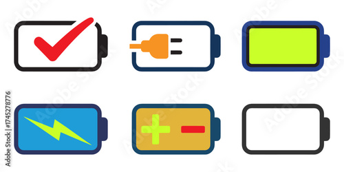 Minimalist battery icon set with six unique symbols and colors representing charge levels, polarity, and power status on white background