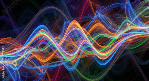 Abstract fractal art featuring flowing, colorful waves in shades of blue, orange, green, and pink against a dark background.