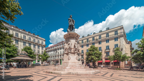 Camoes Monument in Luis de Camoes Square in the Chiado neighborhood timelapse hyperlapse. Lisbon, Portugal