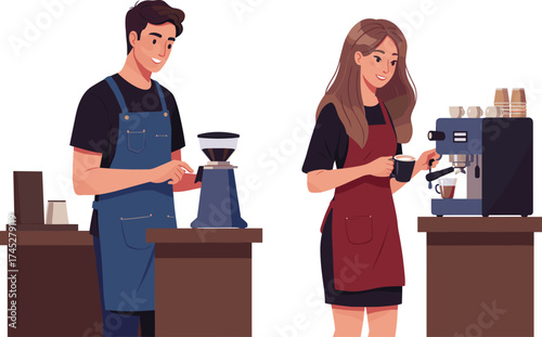 Barista grinding coffee, espresso machine brewing, cafe interior, coffee shop workers, flat vector illustration, cartoon style, teamwork, cad drawing flat vector illustration