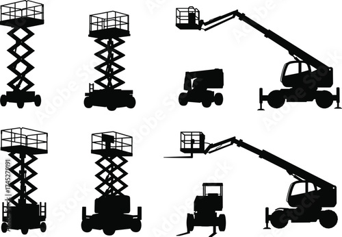 Aerial work platform icon set, scissor lift, boom lift, telescopic lift, construction equipment, black and white, vector illustration, industrial access, maintenance machinery