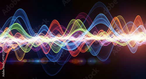 Abstract representation of colorful sound waves emanating from a central point, radiating energy.