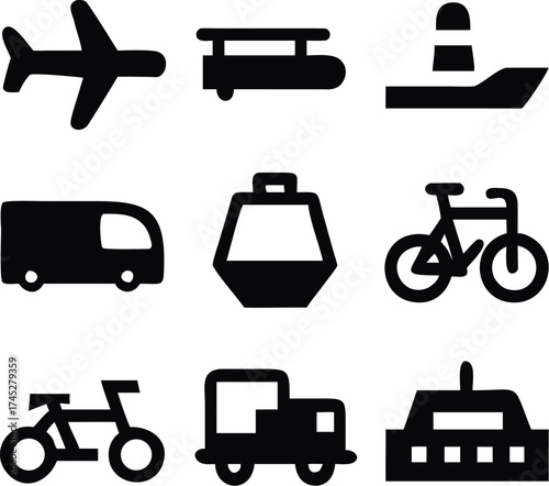 Black silhouette of various transportation modes