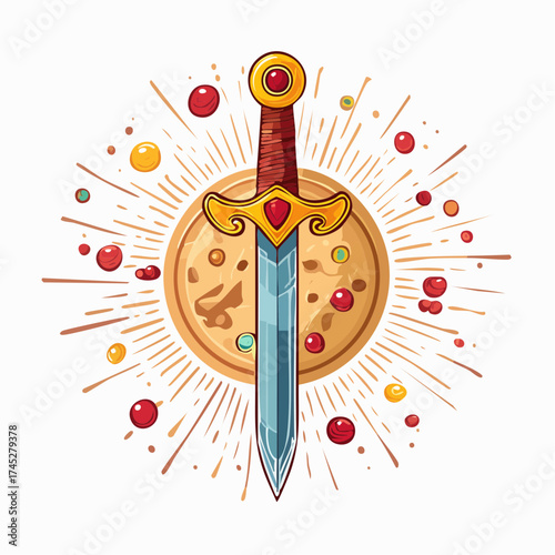 Sword with gold hilt and red jewel on coin