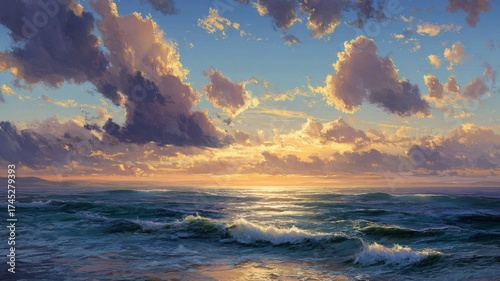 Vibrant ocean sunset with dramatic clouds. AI image