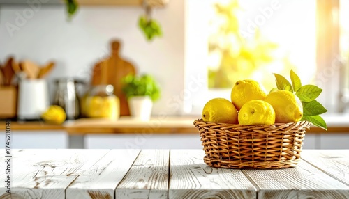 Wallpaper Mural A wicker basket of fresh yellow lemons on a rustic wooden table in a bright sunlit kitchen Torontodigital.ca
