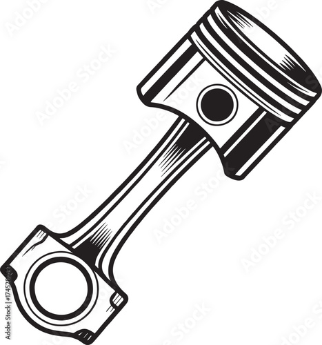 Black and white illustration of a piston and connecting rod engine motor
