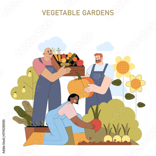 Harvesting Vegetables in a Community Garden Illustration