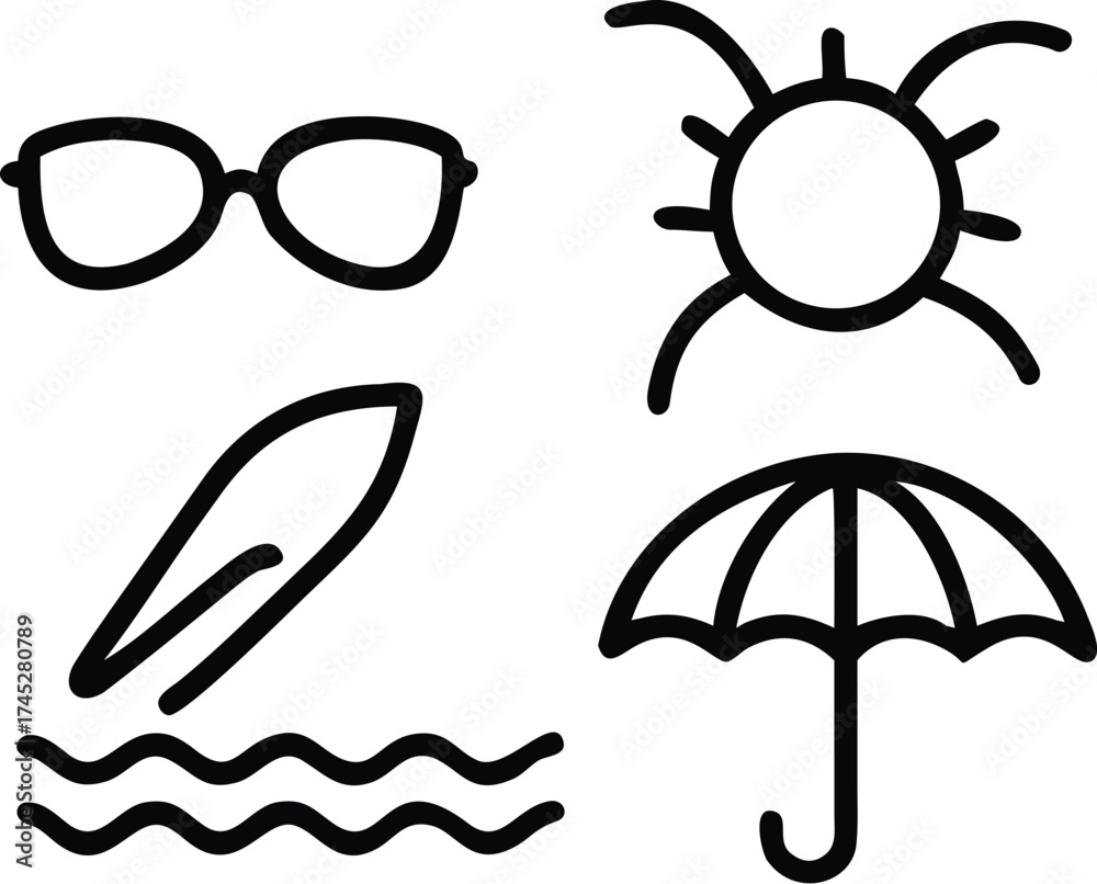 Fototapeta premium Summer beach icons with sunglasses and surfboard