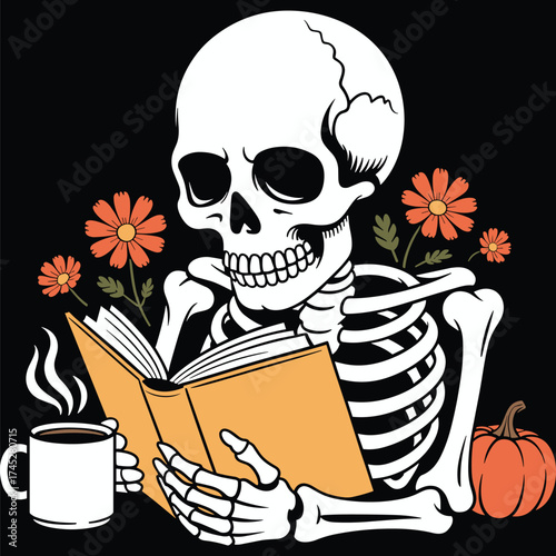 Reading Books Vector, Skeleton Head with Open Book, Vintage Knowledge and Wisdom Illustration