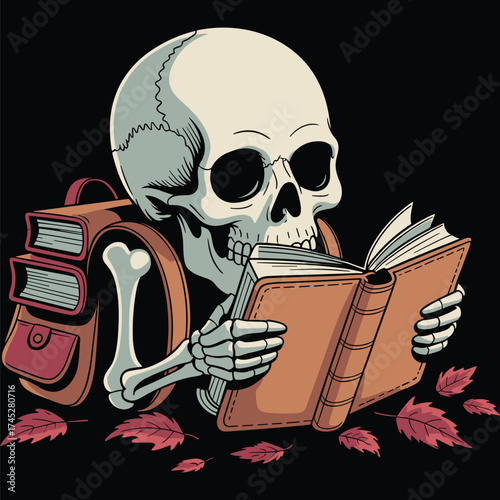 Reading Books Vector, Skeleton Head with Open Book, Vintage Knowledge and Wisdom Illustration