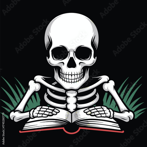 Reading Books Vector, Skeleton Head with Open Book, Vintage Knowledge and Wisdom Illustration