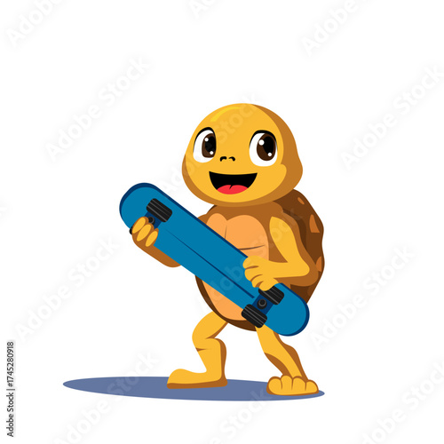 Yellow turtle holding a skateboard flat design character illustration