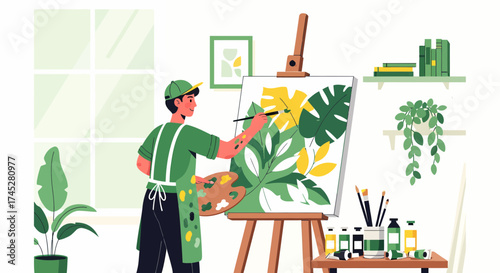 Artist Painting Tropical Leaves On Canvas In Bright Studio