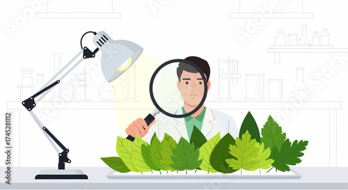 Botanical Research Scientist Examining Leaves With Magnifying Glass