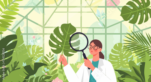 Botanist Examines Tropical Plant Life With Magnifying Glass In Greenhouse