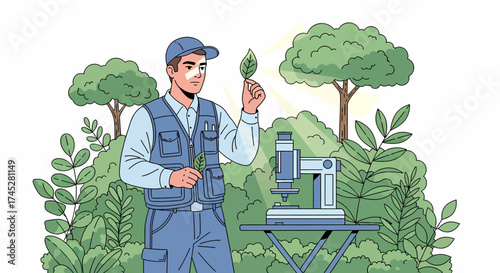 Botanist Examining Leaf With Microscope In Natural Environment