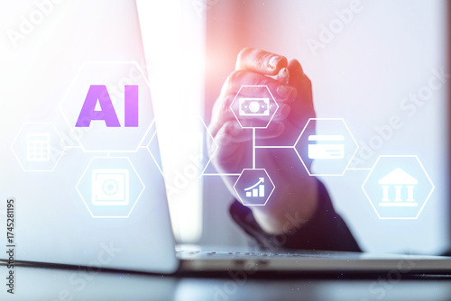 Hands on laptop keyboard with glowing business icons and artificial intelligence graphics.