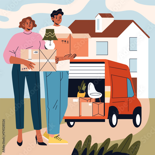 Couple Moving Home Unloading Boxes Illustration