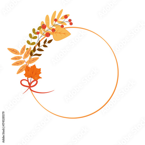 Fall circular border with autumn leaves and berries. Flat vector illustration. Empty, place for text. Isolated on white.