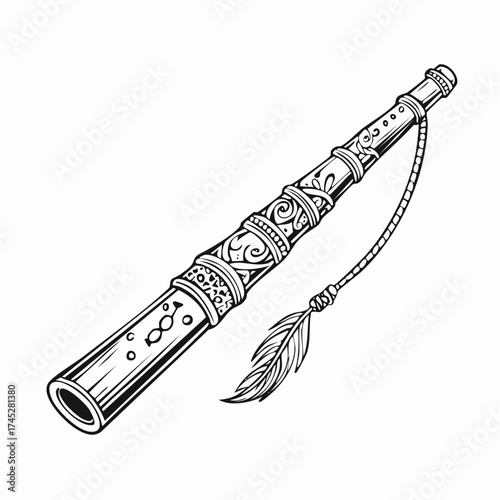 Tribal flute with feather ornament isolated