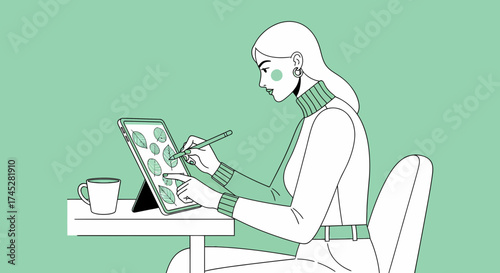 Woman Drawing Leaves On Digital Tablet In Minimalistic Style