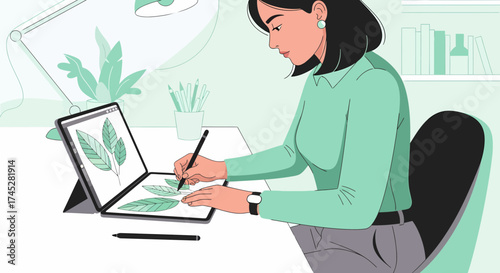 Woman Drawing Leaves Digitally On Tablet For Nature Illustration