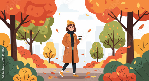 Woman Enjoying Autumn Walk With Coffee In Park Cartoon Illustration
