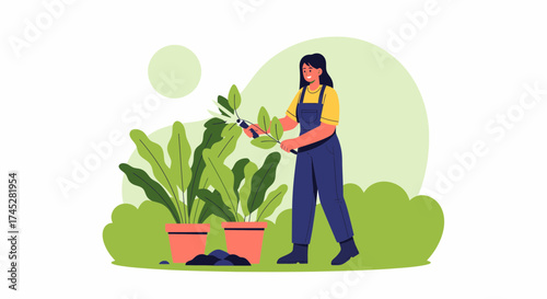 Woman Gardening Plants On A Sunny Day Flat Vector Illustration