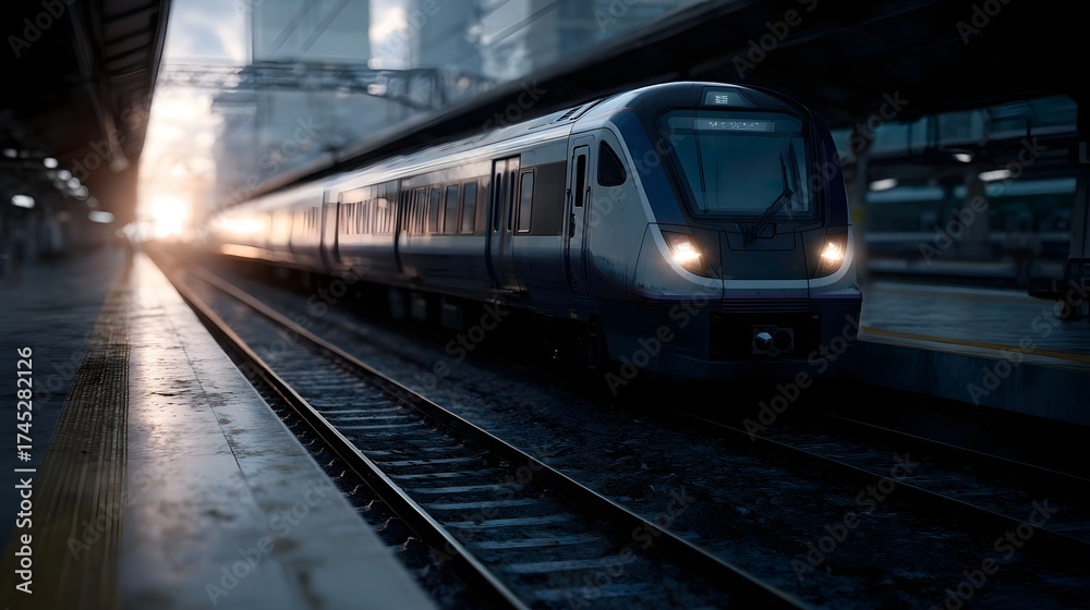 Naklejka premium A modern passenger train arrives at an urban station platform bathed in the warm glow of dawn