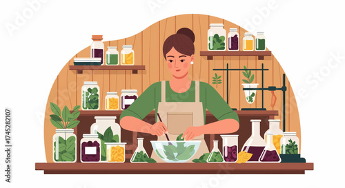 Woman Preparing Natural Remedies In A Workshop Illustration