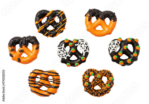 Festive Halloween Chocolate Dipped Pretzels Collection Isolated on White for Spooky Treats