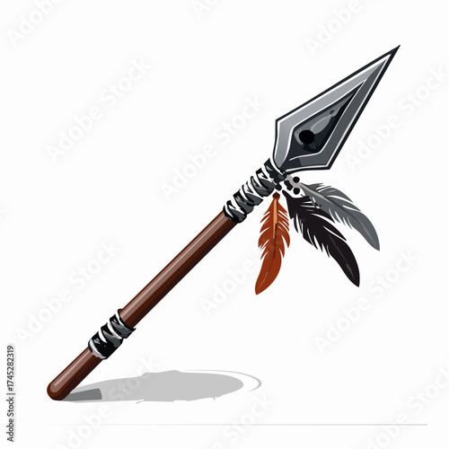 Tribal spear with feathers isolated