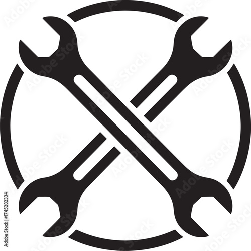 Crossed wrenches within a circular frame symbol for mechanics spanner tool