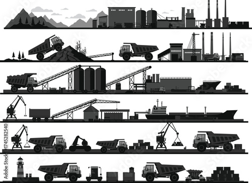 Industrial supply chain illustration set, factory, conveyor belt, cargo ship, dump truck, crane, lighthouse, black and white, vector graphic, logistics, infrastructure, transport