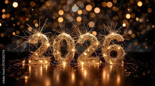 New Year's Eve 2026 Sparkle: Glittering numbers of the year 2026 are illuminated by sparking lights, creating a festive ambiance that embodies the spirit of fresh starts and hopeful beginnings.