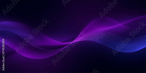 Flowing purple and blue wave lines create an abstract background with a smoky, futuristic design