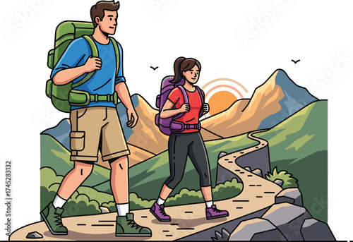 Hiking adventure, mountain trail, nature exploration, outdoor activity, scenic landscape, backpack travel, sunset hike, trekking couple, wilderness journey, cad drawing flat vector illustration