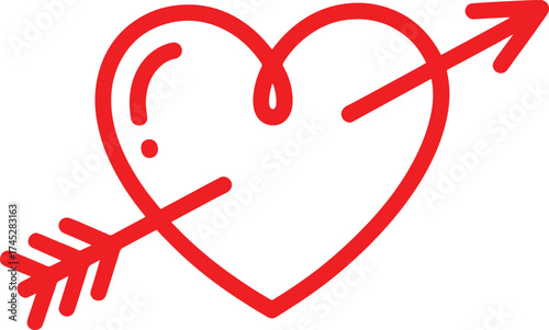 Red heart with arrow through it in a simple line art style Keywords: heart, love, arrow, cupid