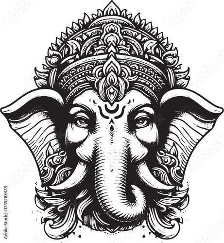 Elegant black and white Ganesha illustration perfect for spiritual designs, cultural projects, or striking tattoo art with a modern, stylized flair